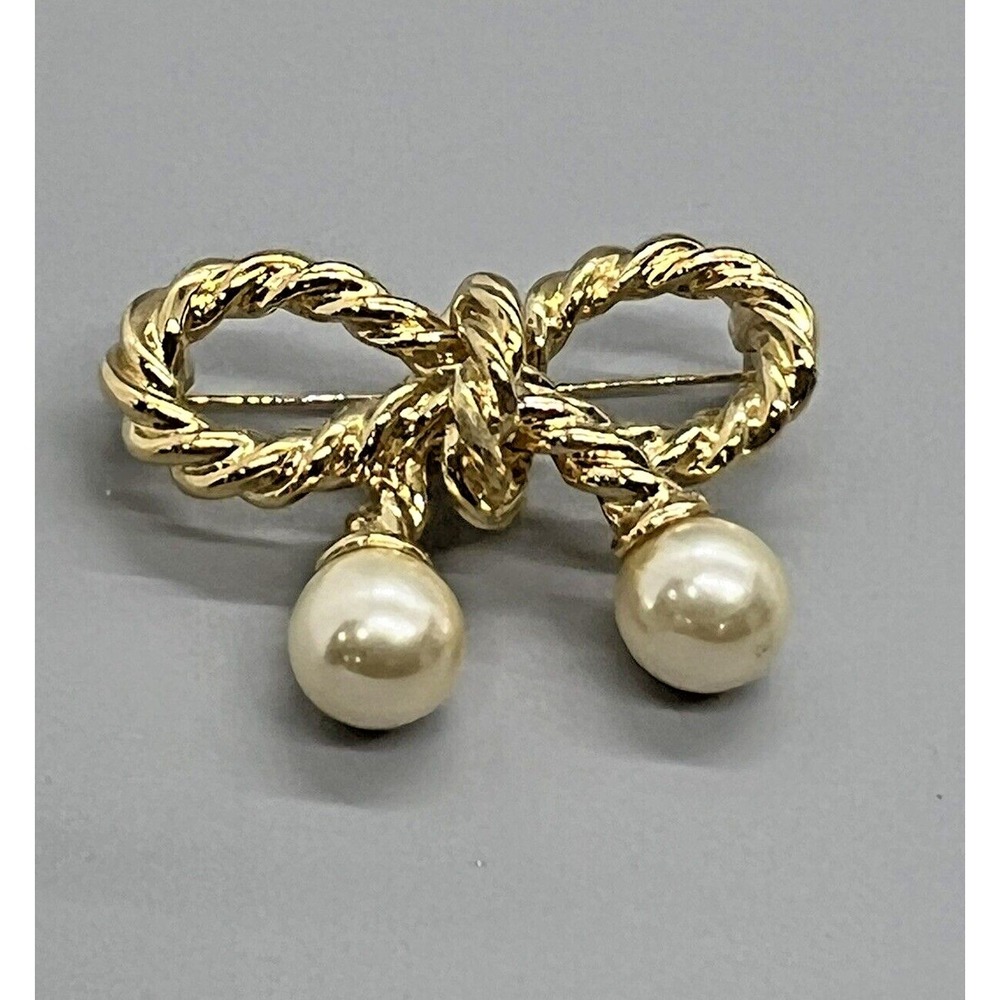 Vintage Bow Brooch Gold Tone Twisted‎ Ribbon Imitation Pearl Accent